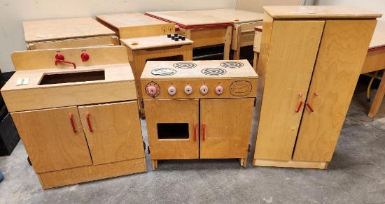 Childrens Kitchen Appliances Storage Cabinets, Sink, Refrigerator and Stove/Oven