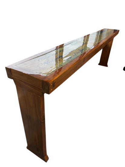 Custom Solid Wood Community Table / Window Bar Table w/ Coffee Message Under Lacquered Top, 11ft