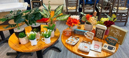 Group of Coffee Shop Decorations, Artificial Plants, Fun Sayings Displays