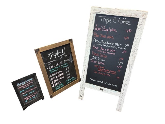 Chalk Signs and Menu Boards, A-Frame Sandwich Board, Two Wall Mount or Countertop Chalk Boards