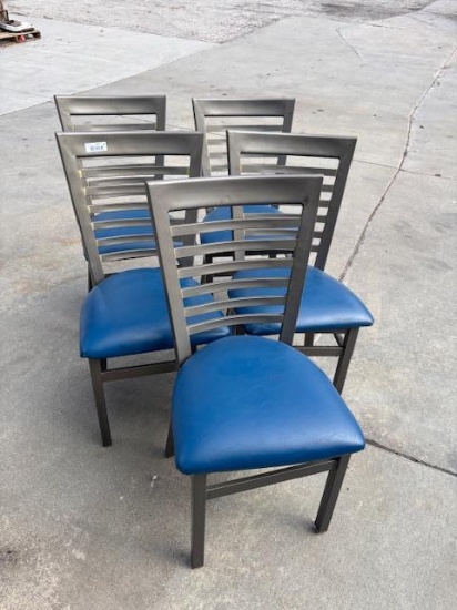 Lot of 5, Contemporary Metal Framed Blue Cushion Seat Ladder Back Restaurant Chairs