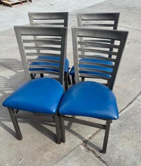 Lot of 4, Contemporary Metal Framed Blue Cushion Seat Ladder Back Restaurant Chairs