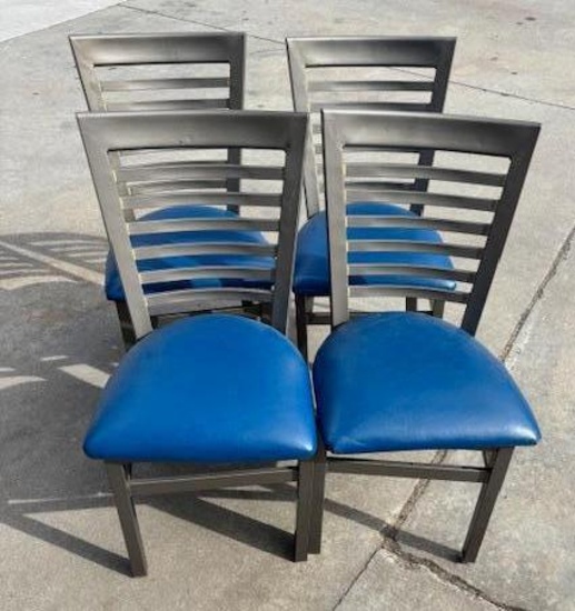 Lot of 4, Contemporary Metal Framed Blue Cushion Seat Ladder Back Restaurant Chairs