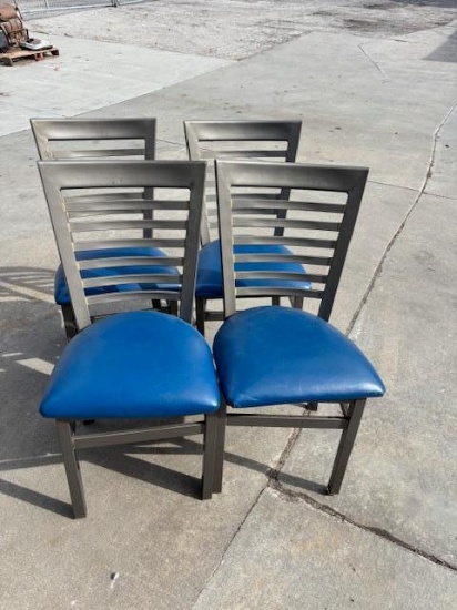 Lot of 4, Contemporary Metal Framed Blue Cushion Seat Ladder Back Restaurant Chairs