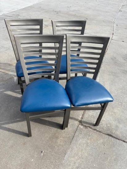 Lot of 4, Contemporary Metal Framed Blue Cushion Seat Ladder Back Restaurant Chairs