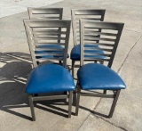 Lot of 4, Contemporary Metal Framed Blue Cushion Seat Ladder Back Restaurant Chairs