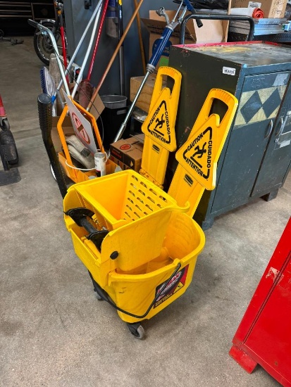Used Libman Commercial Mop Bucket with 2 Caution Floor Stands