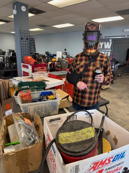 Mixed Box of Random Hardware and Tools- including Grease Gun, Welding Helmet, Door Knobs & LED Kit