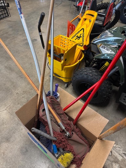 Box of Used Cleaning Tools & Trash Cans