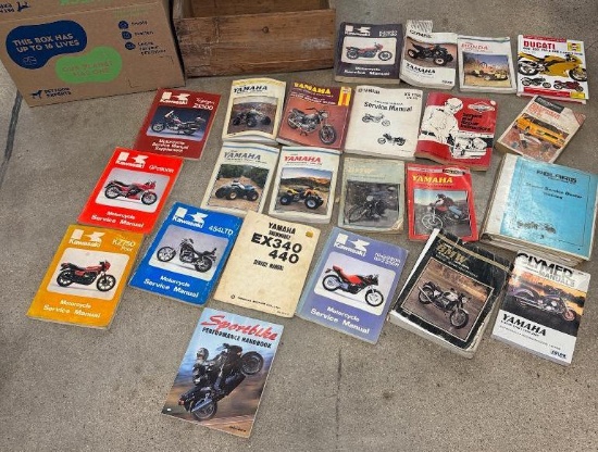 Lot of Motorcycle Collectiable items - Manuals, Parts Catalogs & Motorcycle Trunk