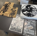 Motor Cycle Clock, Metal Dirt Bike Sign, and Stickers