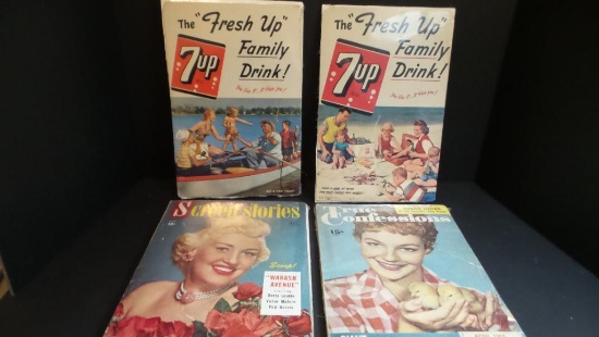 2-7-Up Ad Boards from 1950 + 2 Magazines from 1950's