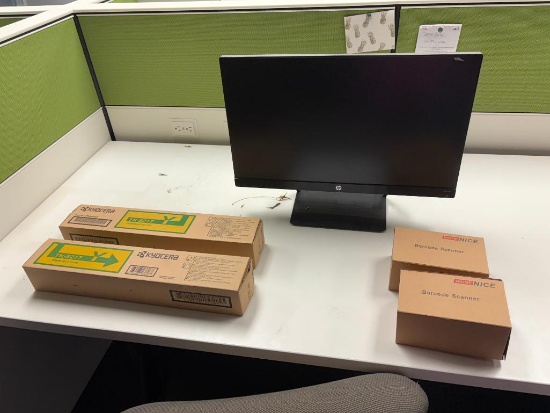 Lot of 5 HP Monitor, (2) Kyocera Toner TK-5217 Yellow Toners & (2) Barcode Scanners