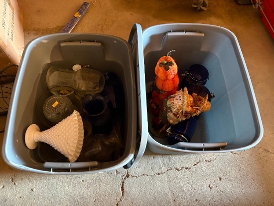 Two Totes of Vases and Fall Decorations