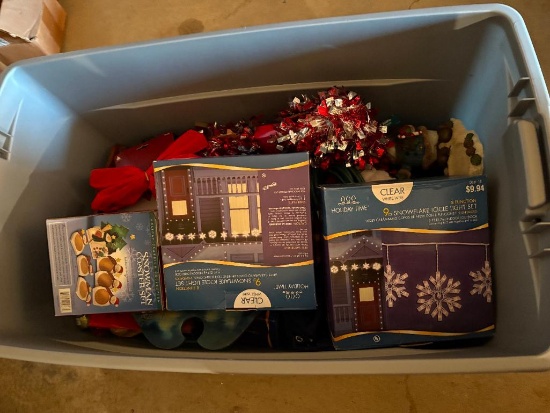Tote of Christmas Lights and Decorations, Snowflake Icicle Lights, Snowman Coasters