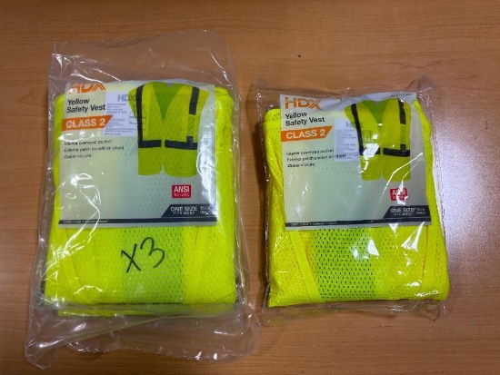 Lot of 3, New, HDX Yellow Safety Vests, Class 2, Zipper Closure, One Size Fits Most