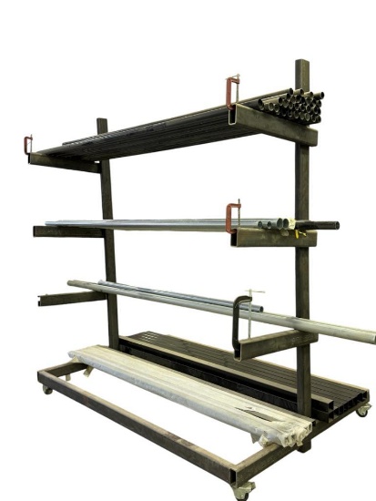 Heavy-Duty Mobile Cantilever Rack on HD Steel Swivel Casters, Racks 90in Long, Base 60in Wide