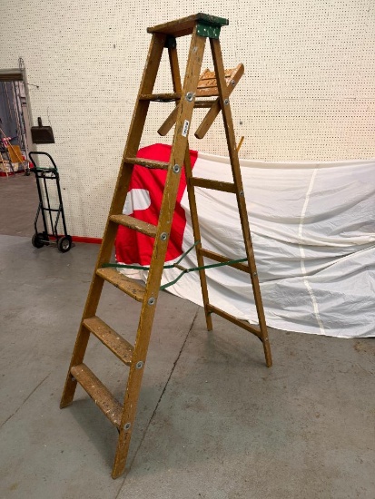 Vintage 7-ft Wood A-Frame Ladder w/ Great Green Paint
