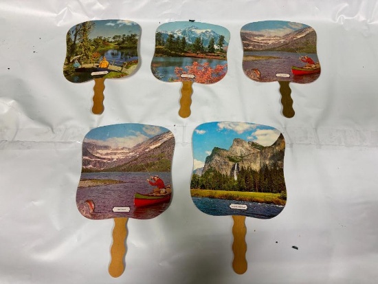 Set of 5, I'm a Storz Fan Omaha, Nebraska - Advertising Church Hand Fans w/ Various Outdoors Scenes