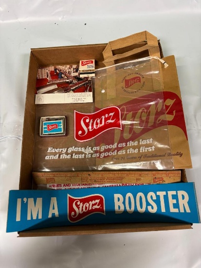 Box of Storz Memorabilia, NOS Storz Lighter, Gift Shop Sack, Postcard, Matches, Bumper Sticker,