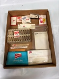 Box of Storz Memorabilia, NOS Case of Matches, Stationary, Coasters, Fly Fishing Flies, Nail Files &