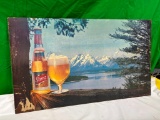 Storz Beer Mountain Lake Scene w/ Storz Beer Bottle & Glass on Masonite