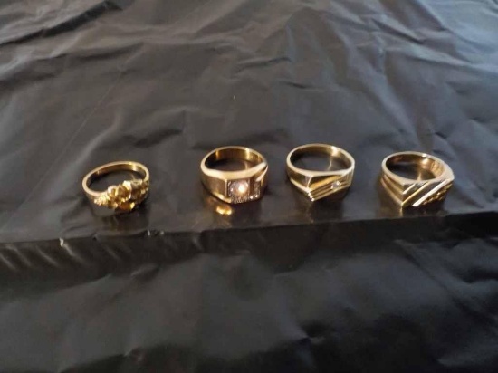 Two-Men s Gold Colored Rings with Stones, Man s Gold Colored Ring, Ladies Gold Colored Ring and a