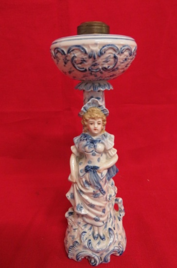 19th C. German Figural Blue and White Oil Lamp