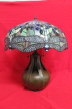 Leaded Glass Dragonfly Lamp Shade with Bronze Base