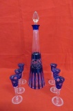 Cobalt Cut to Clear Crystal Decanter & Six Glasses