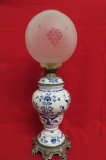 Blue Onion Porcelain Oil Lamp with Etched Frosted Globe