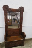 Carved Hall Tree with Mirror and Storage Bench