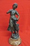 Bronze Statue of Young Girl with Sheep