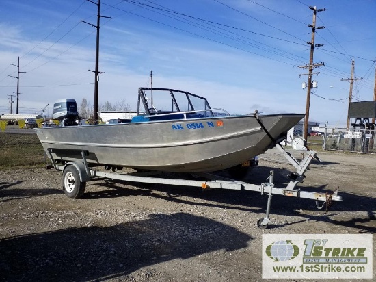 BOAT, HEWESCRAFT 18 FOOT RIVER RUNNER. EVINRUDE OUTBOARD PROP, POWER LIFT. WITH 1986 TRAILER
