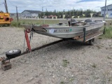 BOAT, FLAT BOTTOM, INBOARD JET, 3 CYLINDER, ON 1994 TRAILER