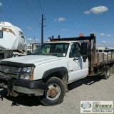 2003 CHEVROLET SILVERADO 3500, 6.0L VORTEC GAS ENGINE, 4X4, STANDARD CAB, DUALLY, 12FT FLAT BED