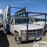 1999 CHEVROLET 3500, 7.4L VORTEC GAS ENGINE, RWD, STANDARD CAB, DUALLY, 12FT FLATBED, WITH GLASS RAC