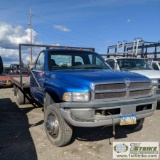 1998 DODGE RAM 3500, 5.9L GAS ENGINE, RWD, STANDARD CAB, DUALLY, 12FT10IN FLAT BED, AFTERMARKET AIR