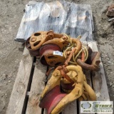 2 PALLETS. 5 EA SHEAVES, MISC BUCKET TEETH
