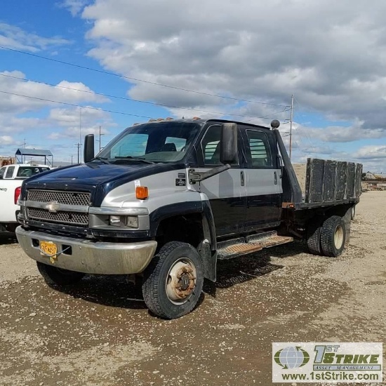 FLATBED, 2005 CHEVROLET C4500, 6.6L DURAMAX, 4X4, CREW CAB, DUALLY, 11FT BED.