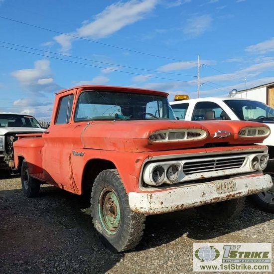 1960 CHEVROLET APACHE, RWD, REGULAR CAB, LONG BED, STEP-SIDE. UNKNOWN MECHANICAL PROBLEMS. NO TITLE