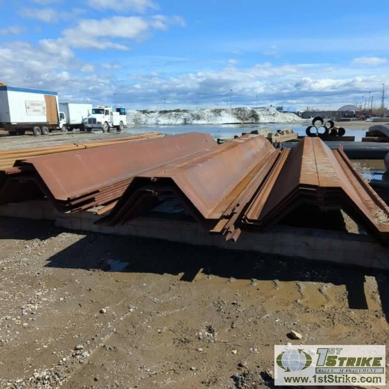 1 ASSORTMENT RETAINING WALL PILING, STEEL, 4FT 9IN WIDE PANELS, APPROX. 16IN DEEP OFFSET, VARIOUS LE