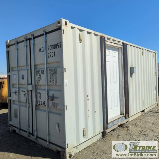 SHIPPING CONTAINER, 20FT, STEEL CONSTRUCTION, INSULATED, WIRED FOR LIGHTS,WITH BENCHES, FRIDGES, SHE