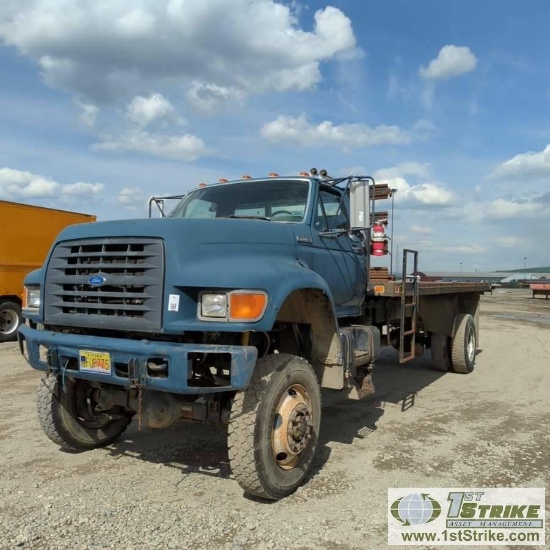 FLAT BED TRUCK, 1997 FORD F-800, 5.9L CUMMINS, AUTOMATIC TRANSMISSION, 4X4, SINGLE REAR AXLE, 29000L