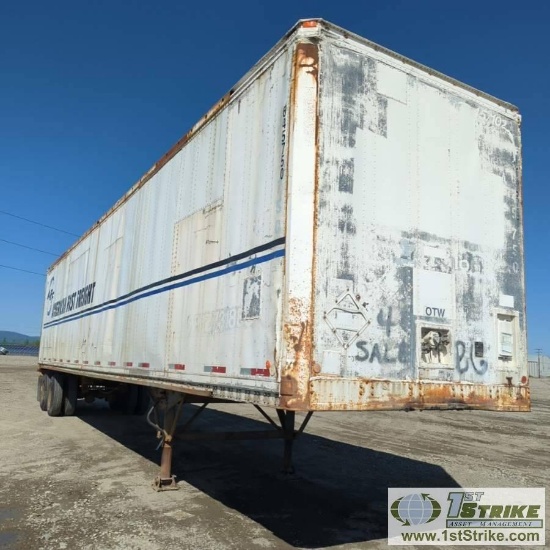 SEMI VAN TRAILER, 1985 BRAE MODEL GSVW-Z-4547-S, 45FT, TANDEM AXLE, 65000LB GVWR. WITH CONTENTS