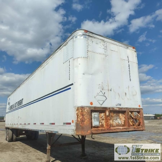SEMI VAN TRAILER, 1987 FRUEHAUF MODEL FBZ-9-F2-45, 45FT, TANDEM AXLE, 68000LB GVWR. WITH CONTENTS