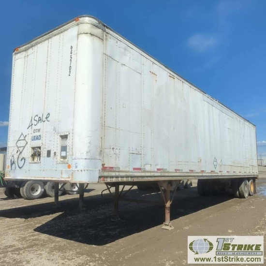 SEMI VAN TRAILER, 1983 BRAE MODEL GSVW-Z-455T-5" WEDGE, 45FT, TANDEM AXLE, 65000LB GVWR. WITH CONTEN