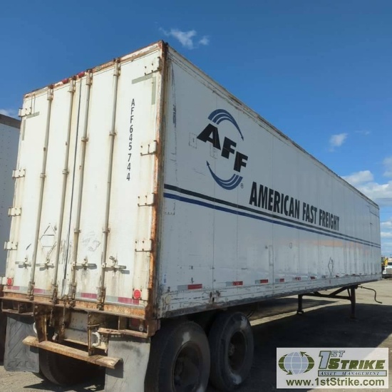 SEMI VAN TRAILER, 1986 FRUEHAUF MODEL FBZ9-F2-45, 45FT, TANDEM AXLE 68000LB GVWR. WITH CONTENTS