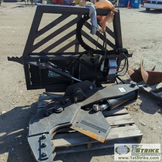 SKIDSTEER ATTACHMENT, HYDRAULIC TREE SHEAR, CONSTRUCTION IMPLEMENT DEPOT, WITH SHEAR AND TILT FUNCTI