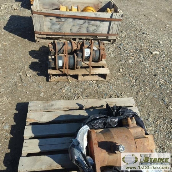 3 PALLETS. MISC DOZER PARTS, INCLUDING: 1BX CAT ROLLERS, 1PLT CAT ROLLERS, 1EA HYDRAULIC MOTOR